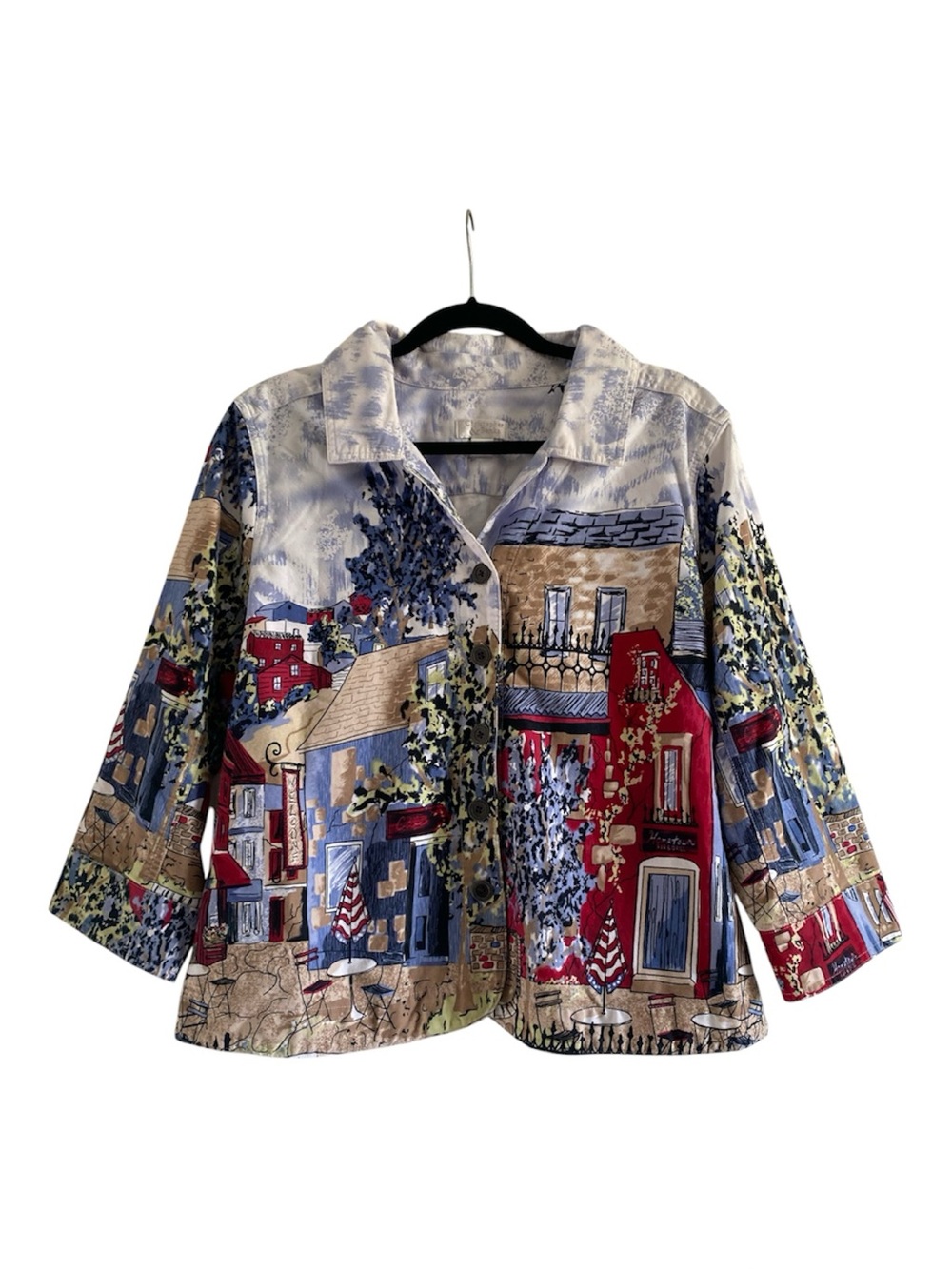 Christopher & Banks XL European Village Scene Print Button Front Jacket